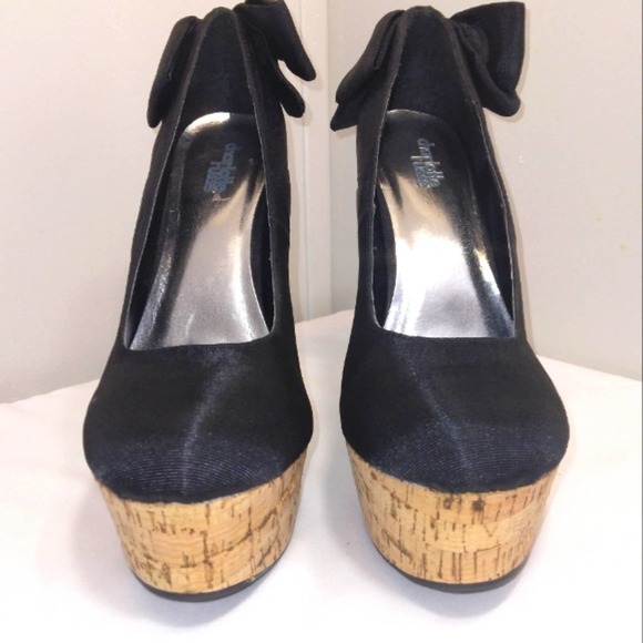 NWT Charlotte Russe 'Paloma' Black and Cork Platform Heels with bow Size 8 - Picture 2 of 12